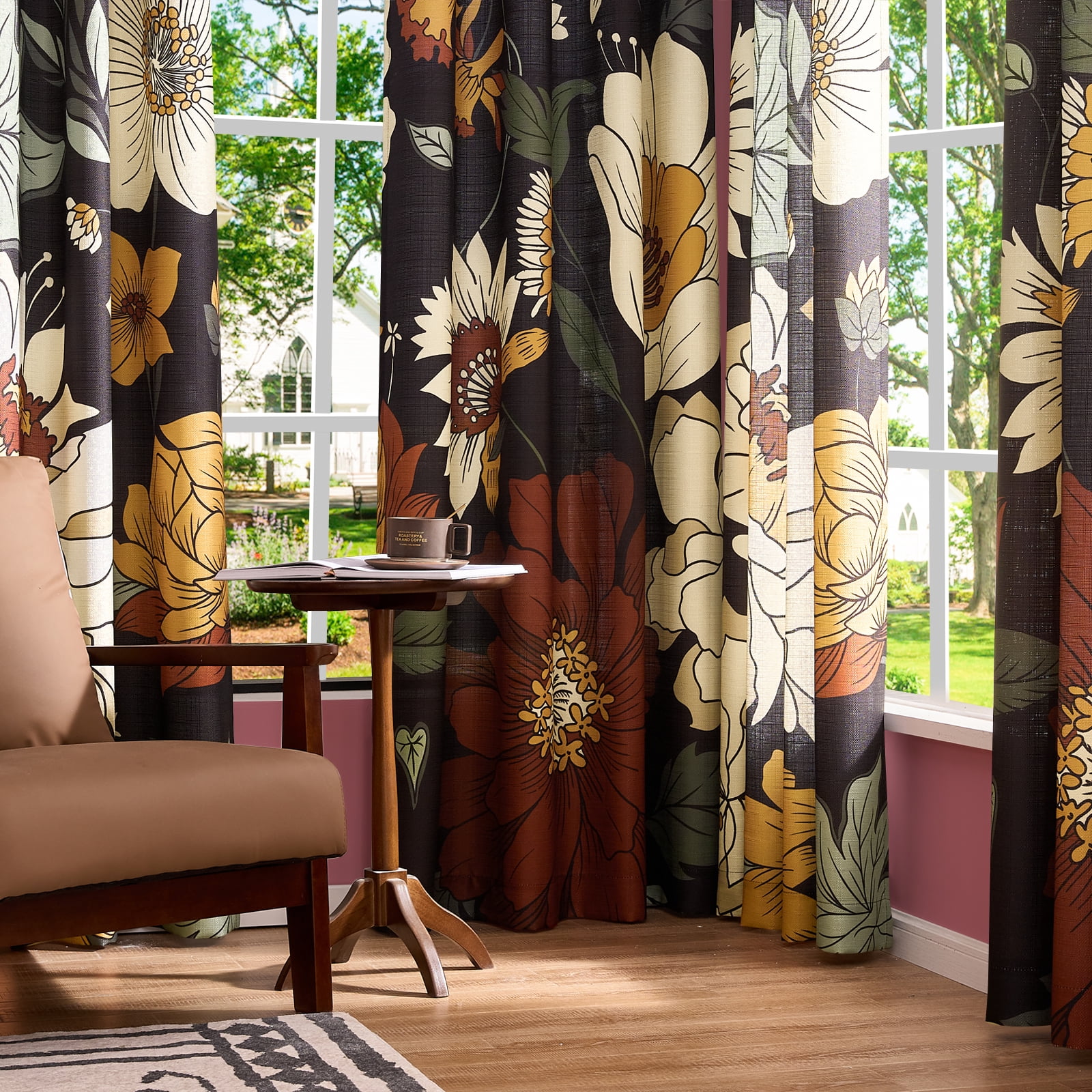 Curtainking Boho Floral Curtains for Bedroom Black Farmhouse Drapes for Living Room Vintage Flower Printed Curtains 2 Panel Set with Grommet Top 52 Inch Wide x 84 Inch Long
