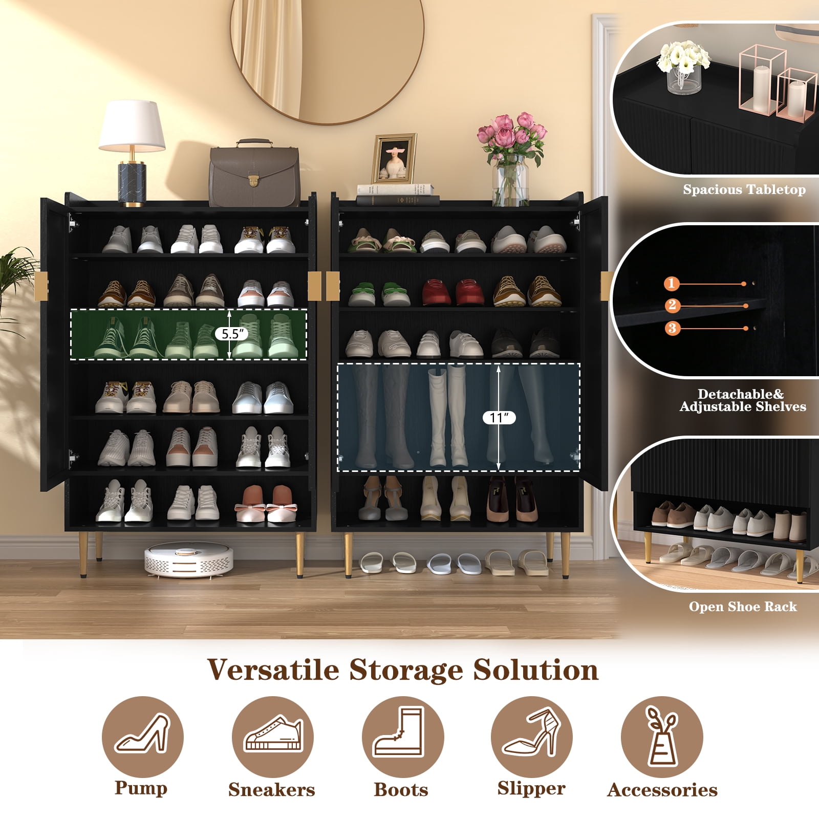 CBJCBJ 7-Tier Shoe Cabinet Storage with 2 Door and Adjustable Shelves Wood Shoes Rack for Entryway, Black