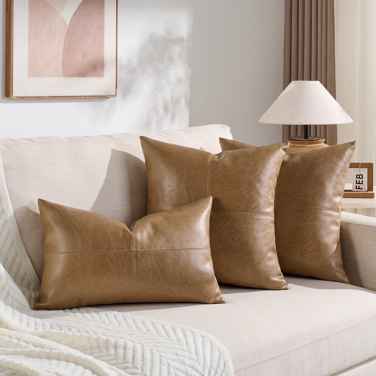 Fancy Homi 2 Packs Tan Boho Lumbar Faux Leather Decorative Throw Pillow Covers 12x20 inch for Couch Bed Sofa, Cross Patchwork Textured Rectangle Beige Cushion Case, Rustic Modern Farmhouse Home Decor