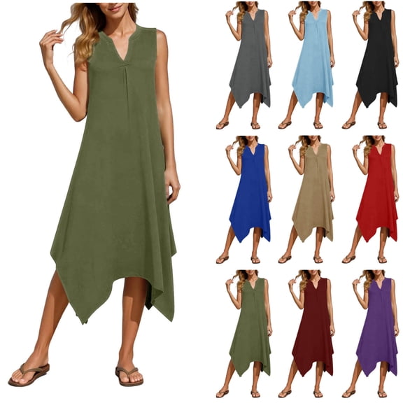 Gealkoca Women's Swimsuit Coverup Casual Sleeveless V Neck Beach Long Dress Summer Solid Color Irregular Hem Loose Mid Dress