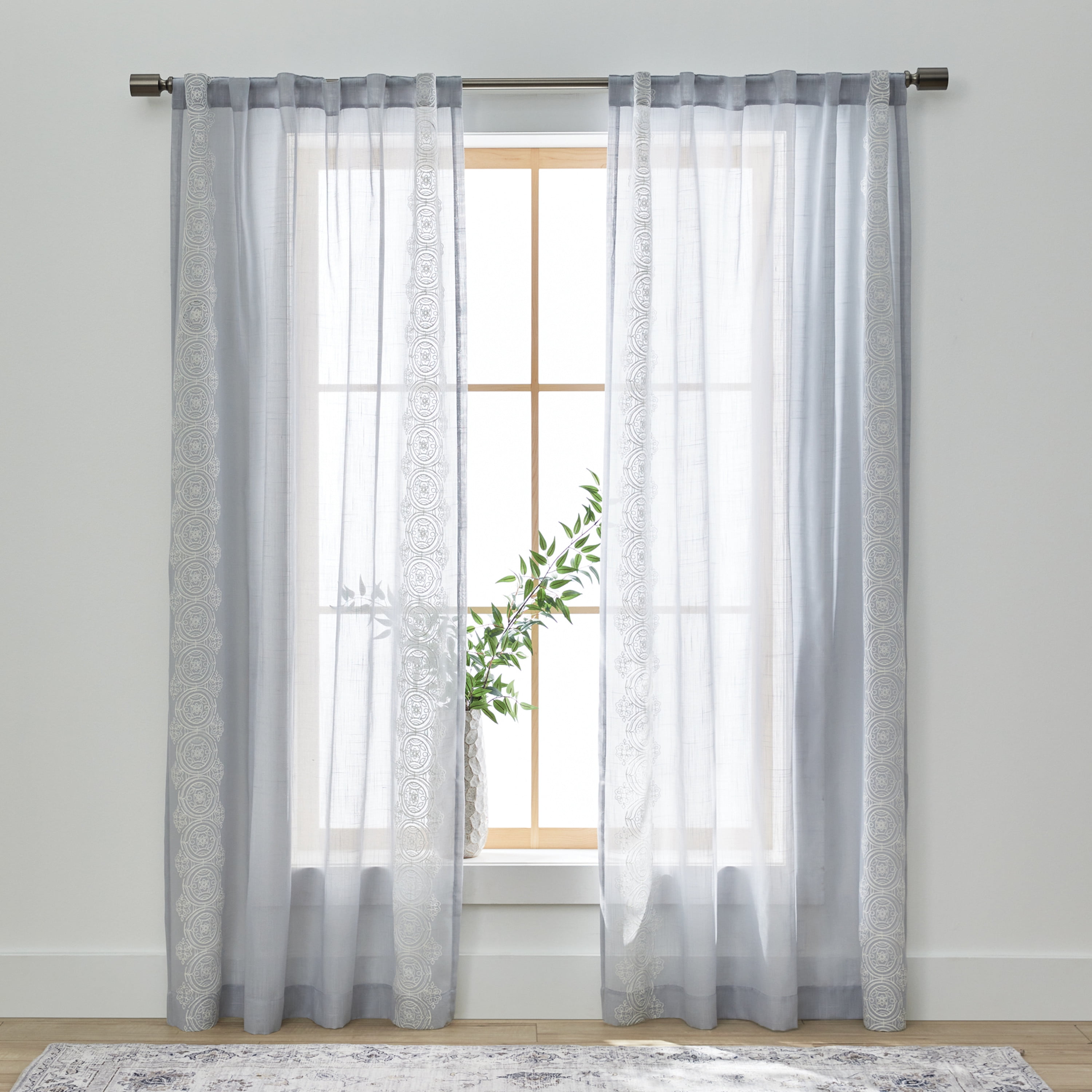 Better Homes & Gardens Embroidered Border Single Curtain Panel, Rod Pocket/Back Tab, Soft Silver, 50 in x 95 in