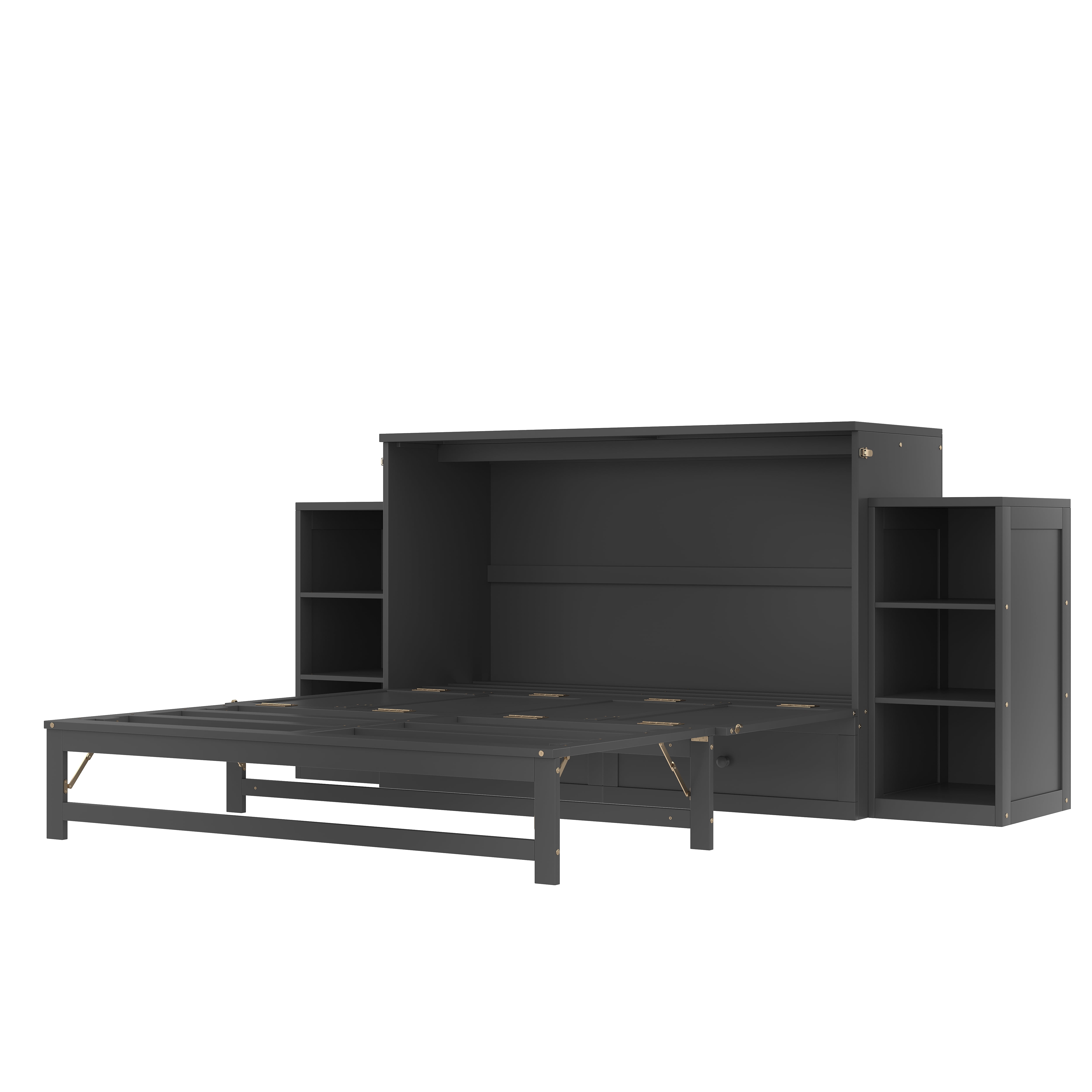 Mintazer Queen Size Murphy Bed with 6 Side Shelves & 2 Drawers, Modern Foldable Cabinet Bed for Bedroom Apartment Guest Room, Dark Gray