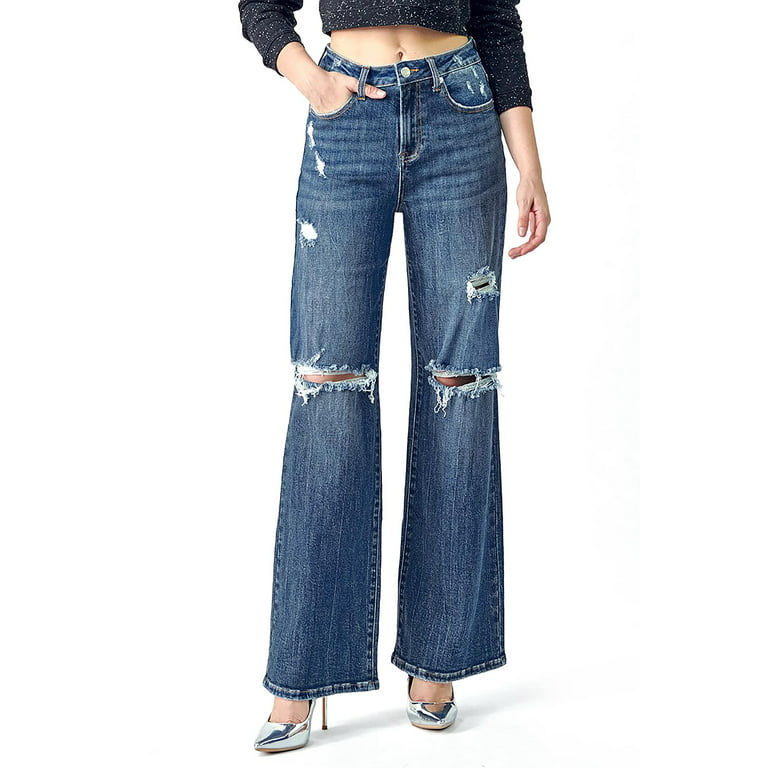 Risen Jeans Womens Juniors High Rise Wide-Leg Denim Pants (Dark Denim, 13)