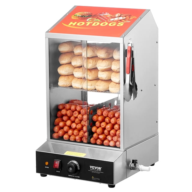 Vaporera comercial para perritos calientes VEVOR, calentador de pan electrico de 2 niveles, puertas corredizas de 39 cuartos de galón