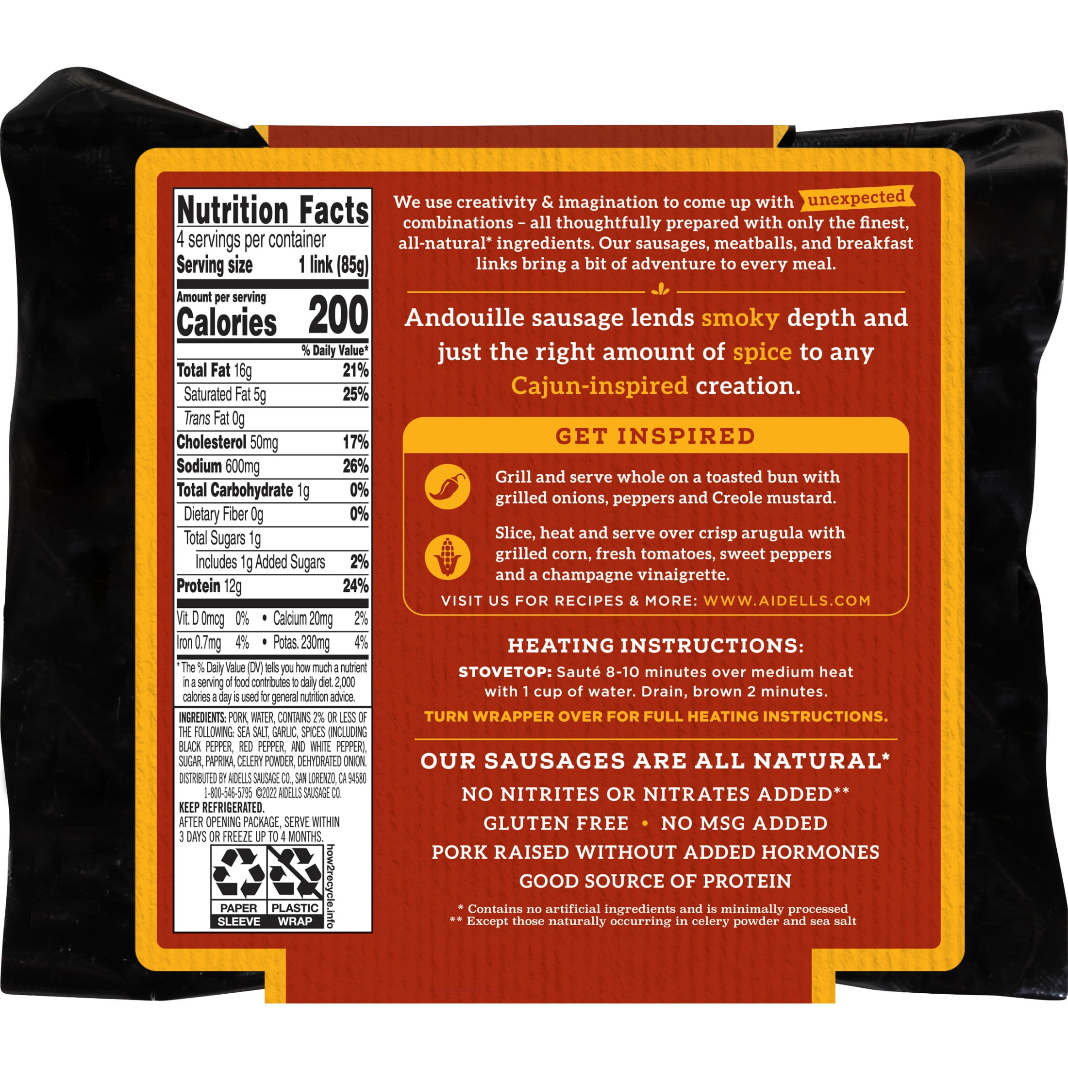 Aidells All Natural Cajun Style Andouille Smoked Pork Sausage Links, 12, oz, 4 Count