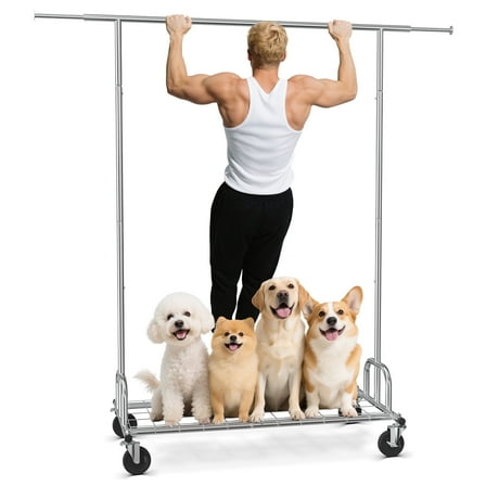 Glovv Heavy Duty Clothes Rack on Wheel Load 480 lbs, Foldable & Adjustable Rolling Clothing Racks for Hanging Clothes, Garment Rack Commercial Coat Rack