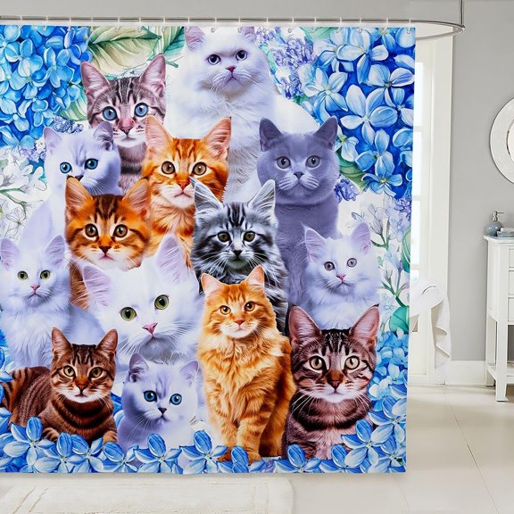 Cute Cat Shower Curtain Blue Floral Animal Fabric Bath Curtain with Hooks 71x71 inches