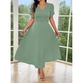 thumbnail image 5 of Green Plus Size Womens Summer Solid V-Neck Short Sleeve Bubble Sleeve A-Line Maxi Dress With Waist Pleats, 5 of 5