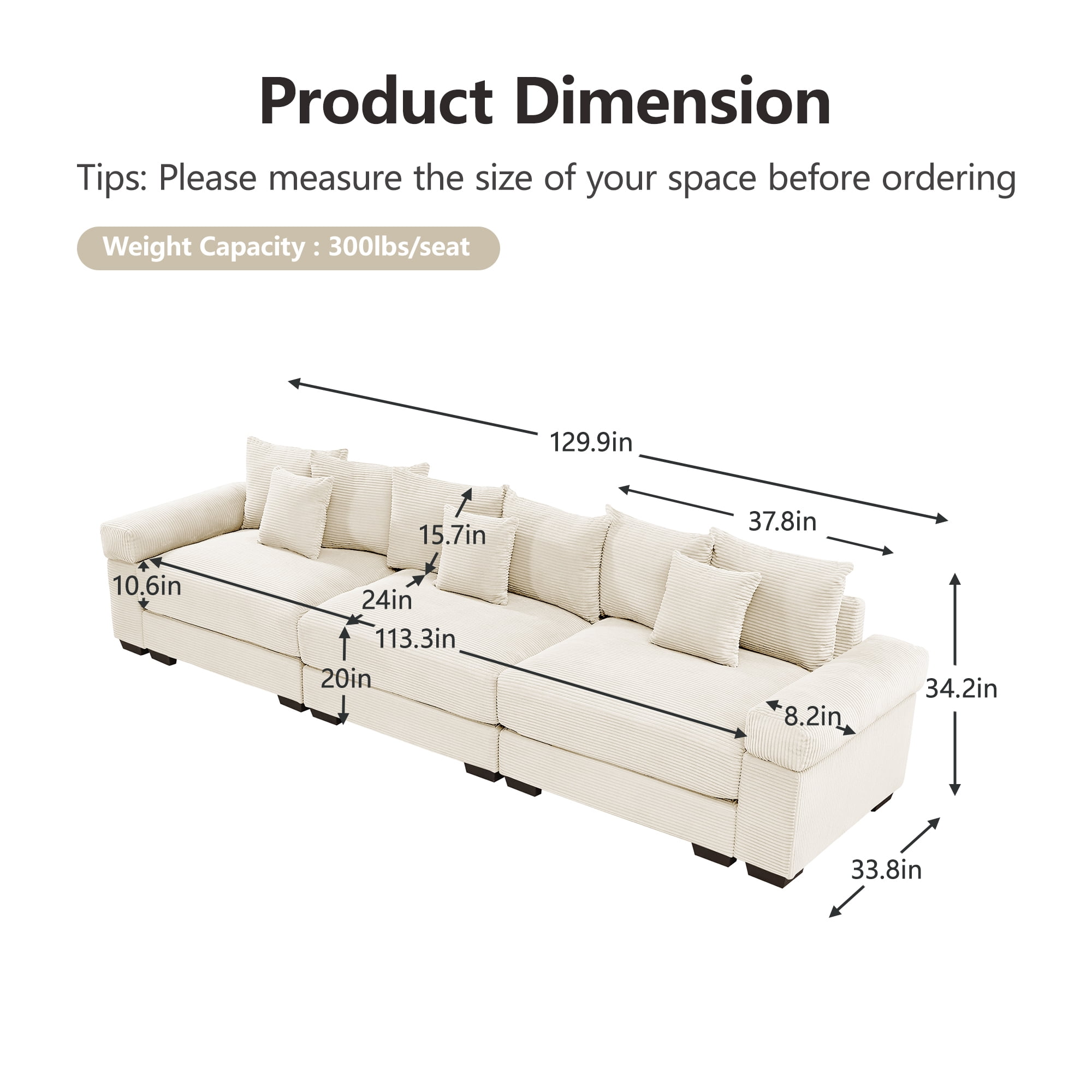 Anpport 130" Cloud Modular 3-Seater Beige Corduroy Sofa, Washable Removable Covers, Double-Layer Thick Cushions, Wide Armrest Small, Apartment