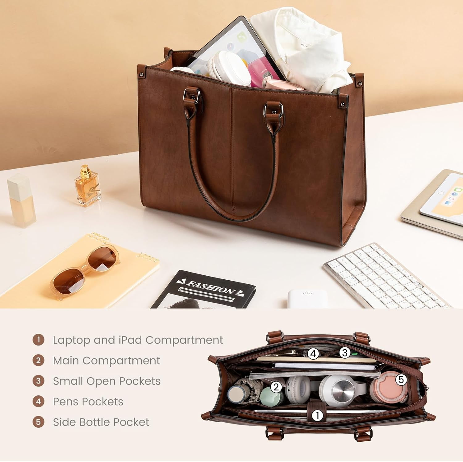 LOVEVOOK Laptop Tote Bag for Women, 15.6 Inch Large Capacity Vintage Leather Work Computer Bag, Business Casual Shoulder Handbag, Dark Brown