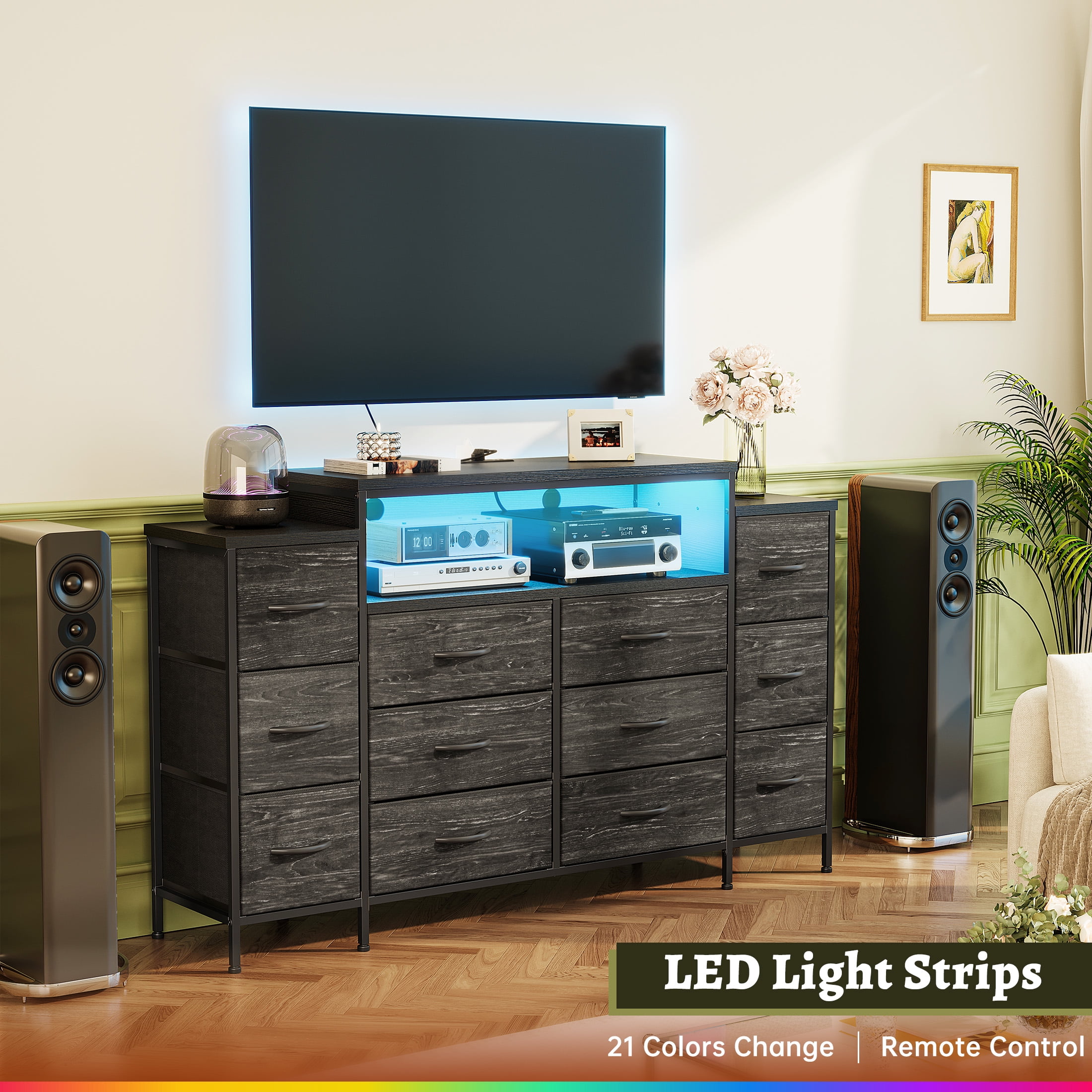 EnHomee 55" W Black Dressers for Bedroom with LED Lights & Charging Station 12 Drawer Fabric Dressers,11.8"D x 33.5"H