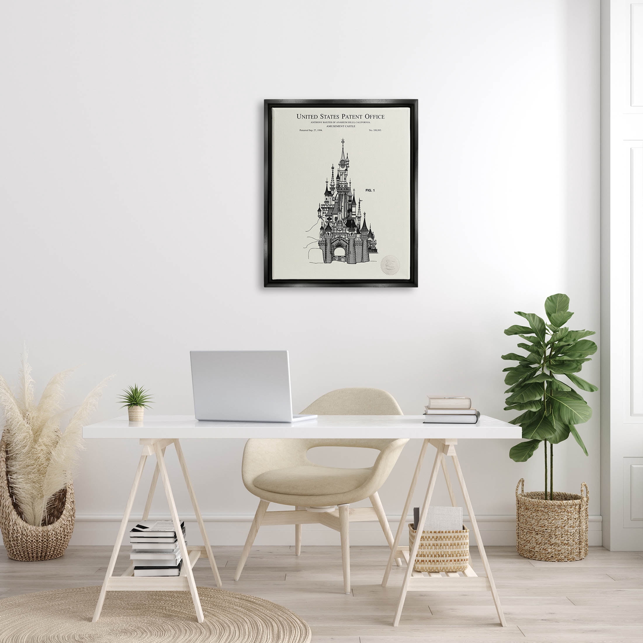 Stupell Industries Intricate Castle Blueprint Diagram Graphic Art Jet Black Floating Framed Canvas Print Wall Art, Design by Karl Hronek