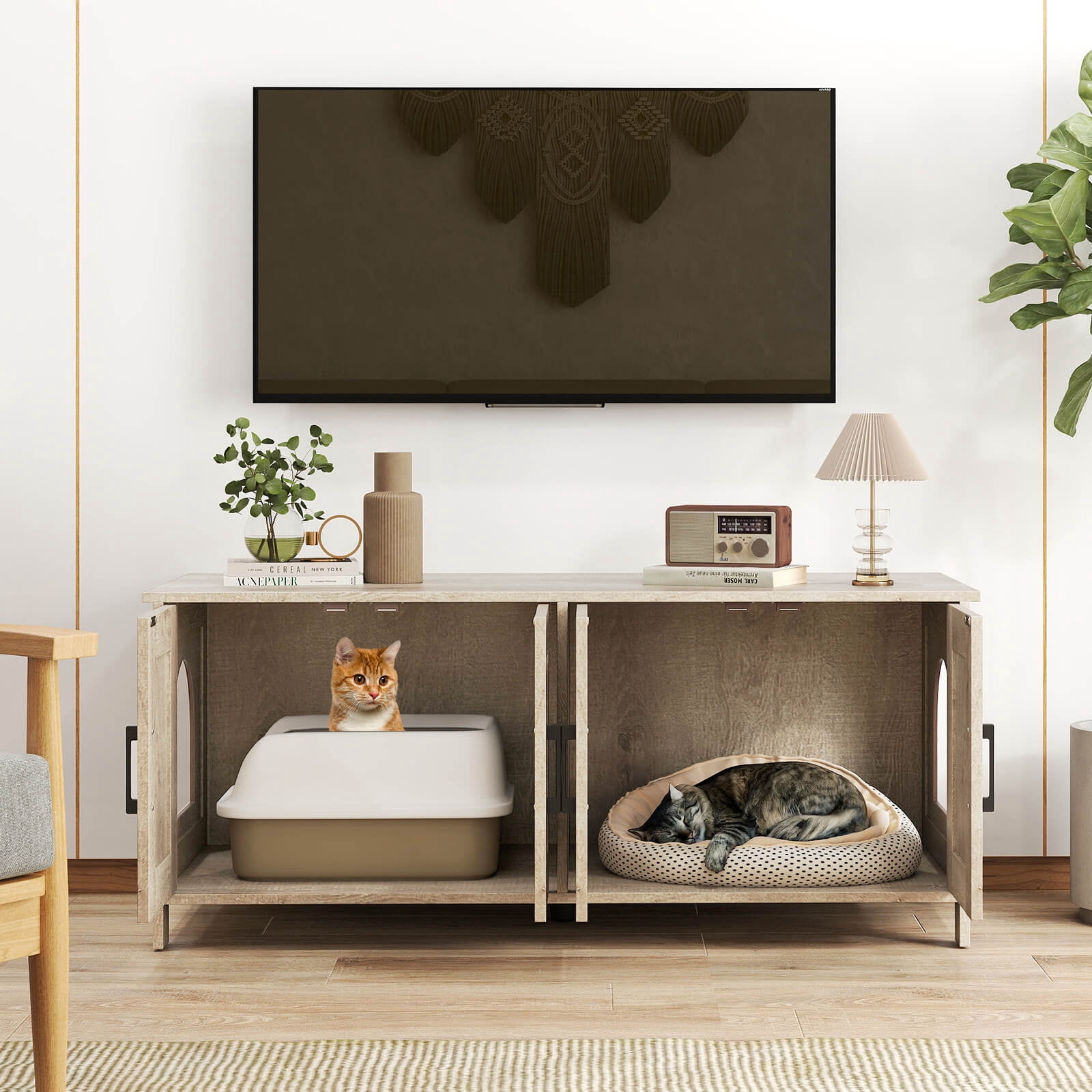 Infans Cat Litter Box Enclosure for 2 Cats w/ Double Rooms Wooden Cat Washroom Cabinet