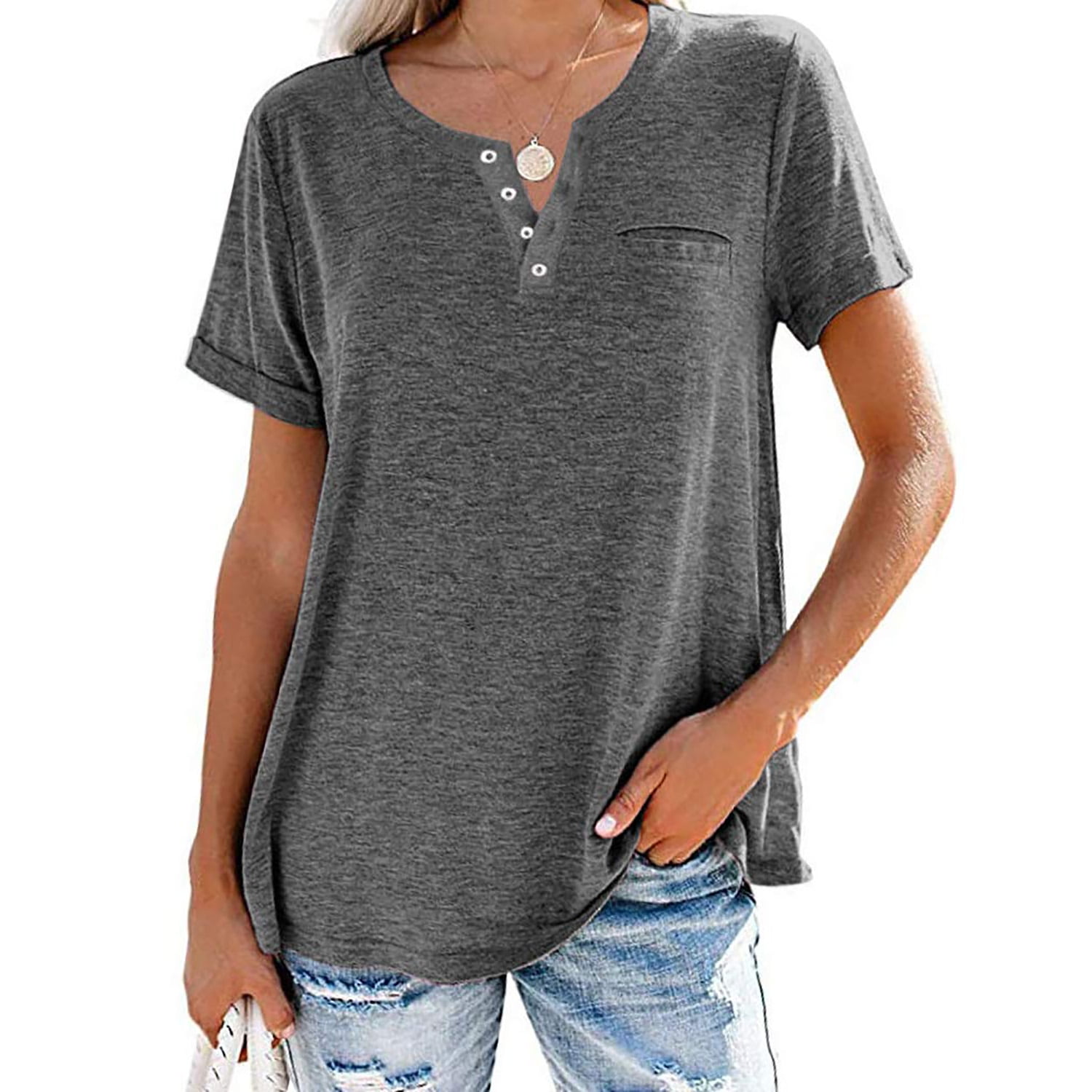 Delou Women's Henley V-Neck T-Shirt Short Sleeve - Walmart.com