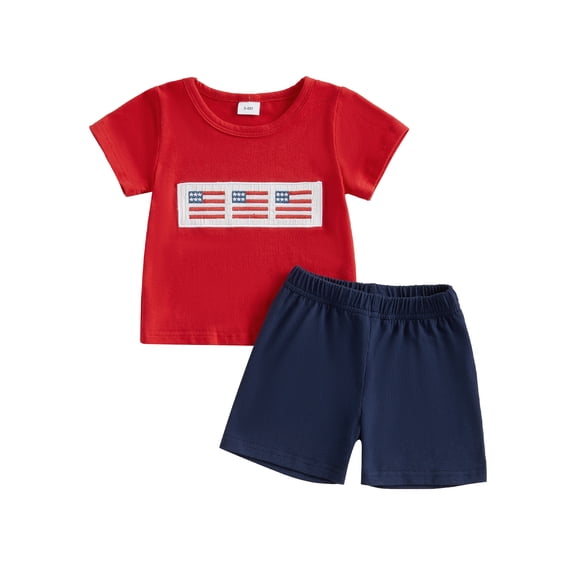 BemeyourBBs Toddler Baby Boy Girl 4th of July Outfit Patriot Fourth of July Summer Independence Day Clothes American Flag Embroidery Short Sleeve T-Shirts with Shorts 2 Pcs Set