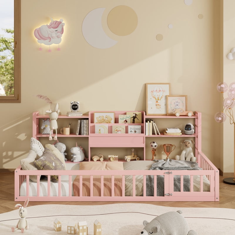 Twin Size Floor Bed with Integrated Bookcase and 3-Tier Storage Shelves, Low Profile Wood Toddler Bed Montessori Bed with Safety Guardrails for Boys Girls