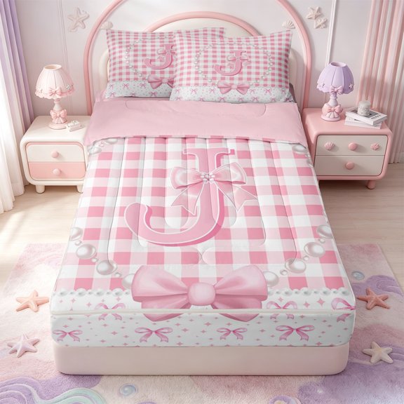 Manfei Ribbon Bow Knot Zipper Twin Comforter Sets with Fitted Sheet and 2 Pillowcases,Alphabet J Design Zipper Bedding Set,Pink Reversible,4pcs
