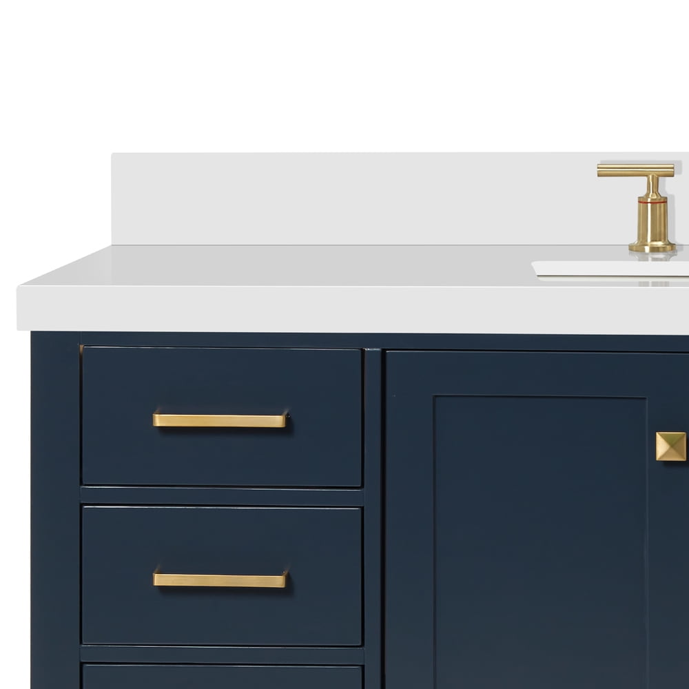 ARIEL Cambridge 55" Midnight Blue Bathroom Vanity with Sink, 1.5" Edge Pure White Quartz Countertop & Backsplash, Center Rectangular Sink, 2 Soft Closing Doors, 9 Full Extension Dovetail Drawers