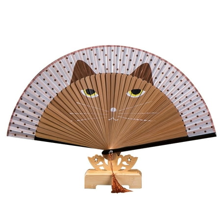 

Tassel Foldable Fan Handheld Fan Craft Cartoon Cat Fan Summer Silk Bamboo Hand Painted Fan (Brown Fan Random Tassel)