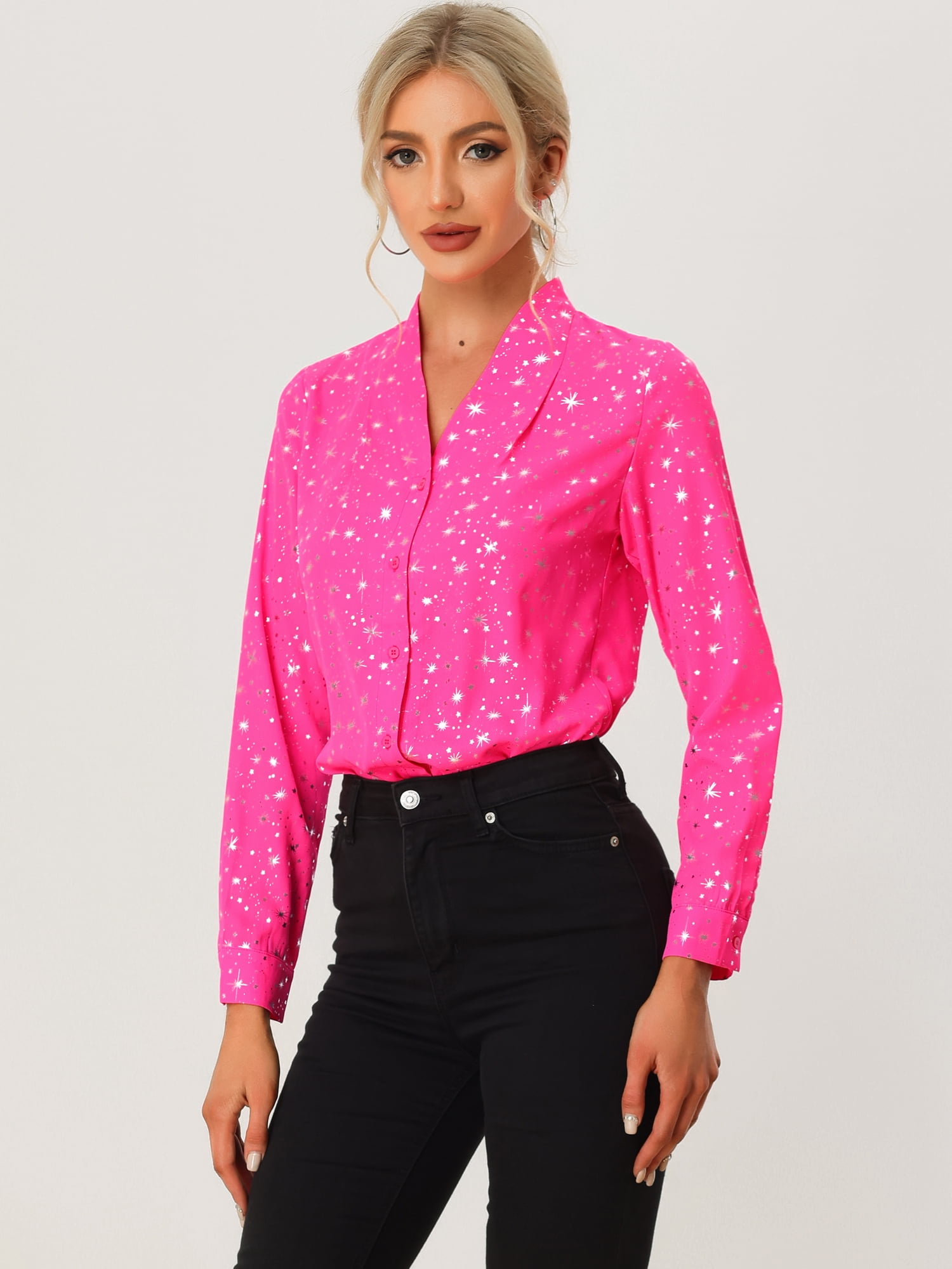 DARING DIVA Stand Collar Metallic Dots Stars Blouse Top S Pink