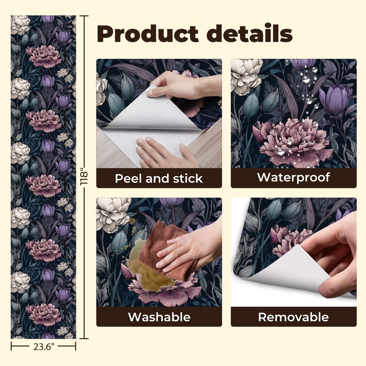 Peel and Stick Wallpaper Vintage Botanical Floral Peonies Tulips Dark Wall Mural 23.6in x 9.8ft Self Adhesive Removable Wall Paper Renter Friendly Wallpaper for Bedroom