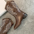 thumbnail image 1 of Women's V-Cut Embroidered Cowboy Boots Mid Calf Square Toe Thick Heel Western Festival Essential Rodeo Night Outfit Pull Tab Easy On Boots 1.57" Heel Brown, 1 of 8