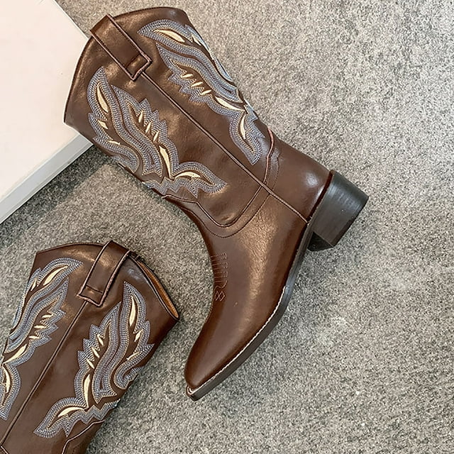 Women's V-Cut Embroidered Cowboy Boots Mid Calf Square Toe Thick Heel Western Festival Essential Rodeo Night Outfit Pull Tab Easy On Boots 1.57" Heel Brown