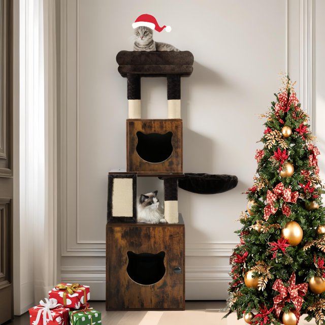 árbol para gatos yitahome con caja de arena, color marrón — condominio 2 en 1 de 3 niveles con mueble inferior oculto en acabado madera marrón (20.8" x 17.7" x 20.2") que funciona como caja de arena o refugio, dos cubículos con entradas en forma de cabeza de gato, postes rascadores de sisal, cesta acolchada y plataforma superior de 15.7" para hasta 2 gatos; montaje aproximado 45 min; también suele usarse como zona tranquila de descanso para gatos nerviosos.