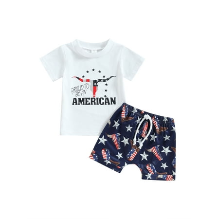 

Baby Boy 4th of July Outfit USA Print Short Sleeve T-Shirt American Flag Shorts 2Pcs Summer Clothes