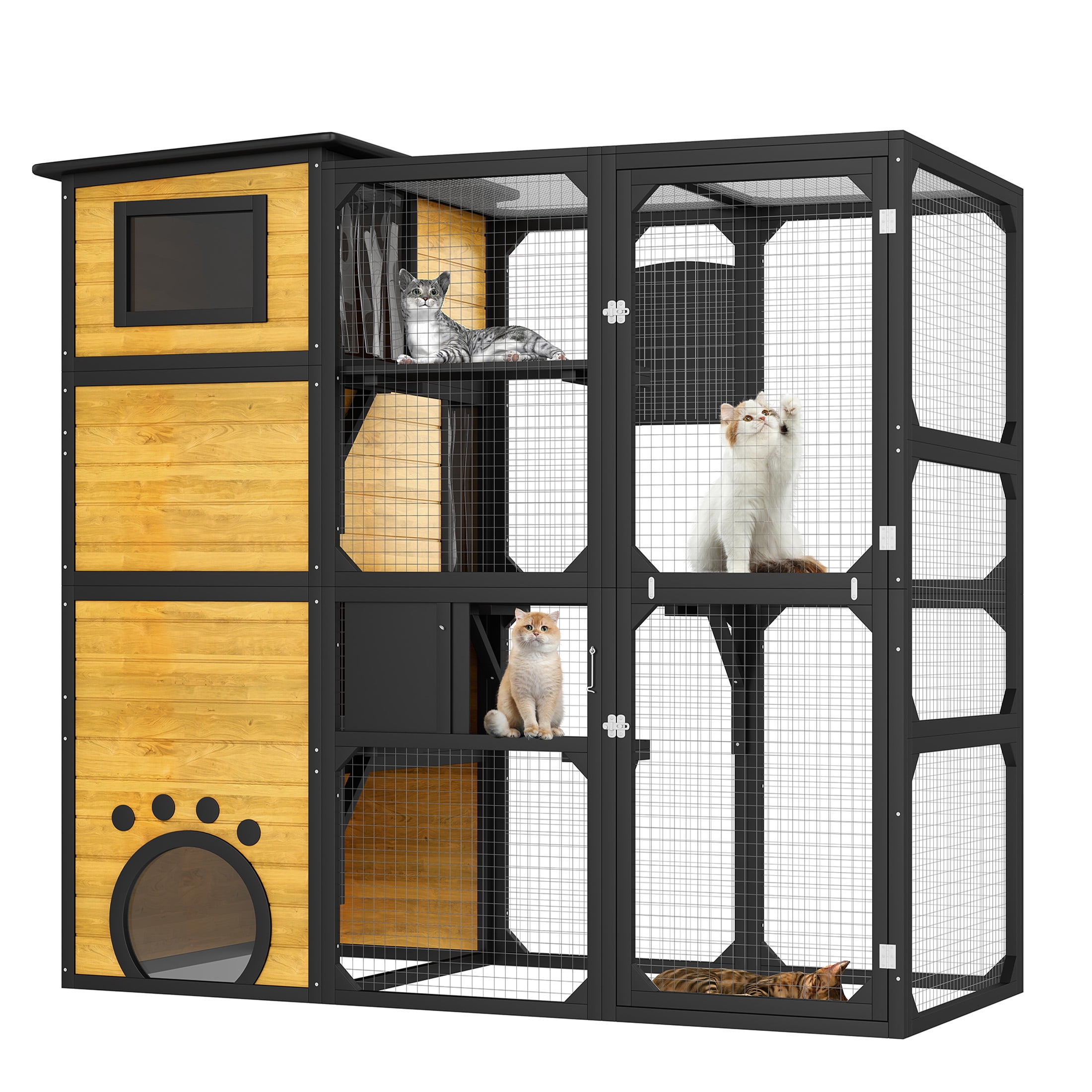 JERFIT 4-Tier Outdoor Catio Enclosure with Window Attachment, Weatherproof Large Cat House with Platforms, Lounges & Asphalt Roof for Multiple Pets, Brown