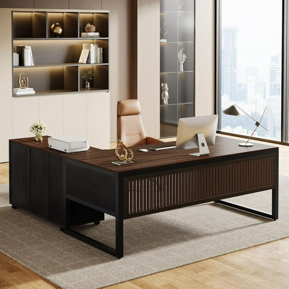 Tribesigns 63-Inch L-Shaped Executive Desk with Mobile File Cabinet, Large Office Computer Desk for Home Office, Dark Walnut & Black