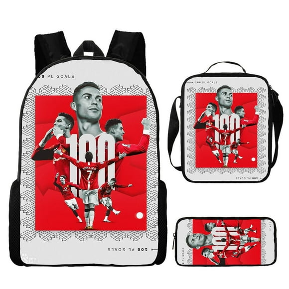Conjunto de mochila infantil de 3 piezas con diseños de jugadores de fútbol para el colegio.