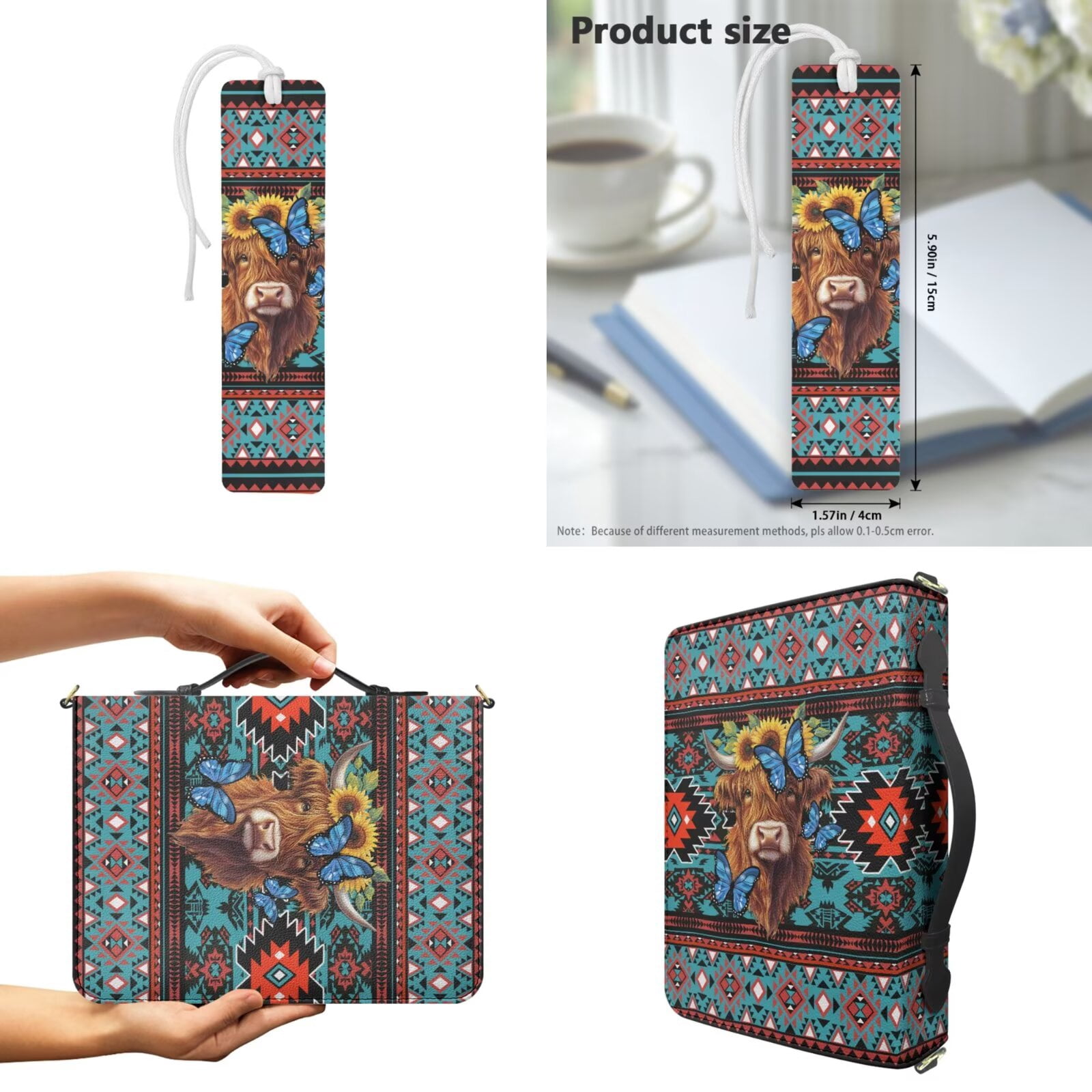 Kuiaobaty Aztec Highland Cow Sunflower Butterfly Print Bibles Carrying Bag with Bookmark Mens Bible Cover Scripture Case with Handle and Strap for Church, Blue
