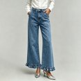 thumbnail image 2 of Womens Casual Lace Trim Loose Straight Leg Jeans High Waisted Denim Pants Wide Leg Full Length Everyday Style, Light Blue-XL, 2 of 5