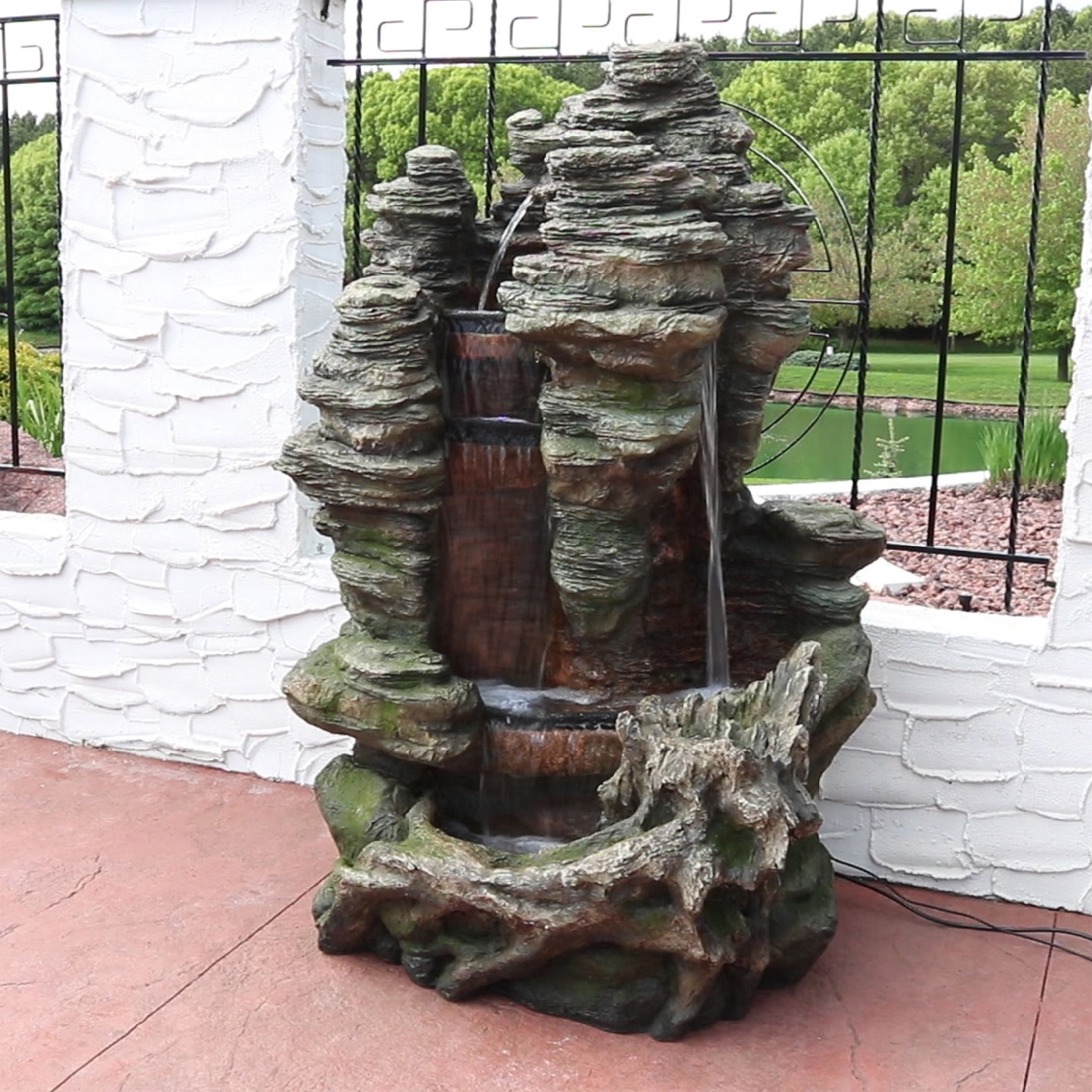 Sunnydaze Flat Rock Summit Polyresin Outdoor Water Fountain with Lights