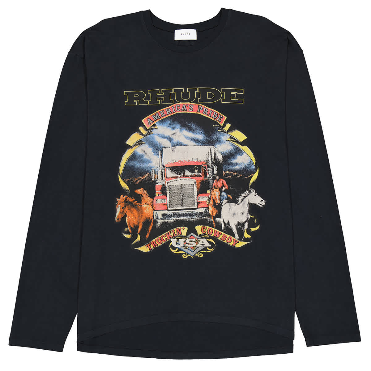 Rhude Black Truckin Cowboy Print Top 