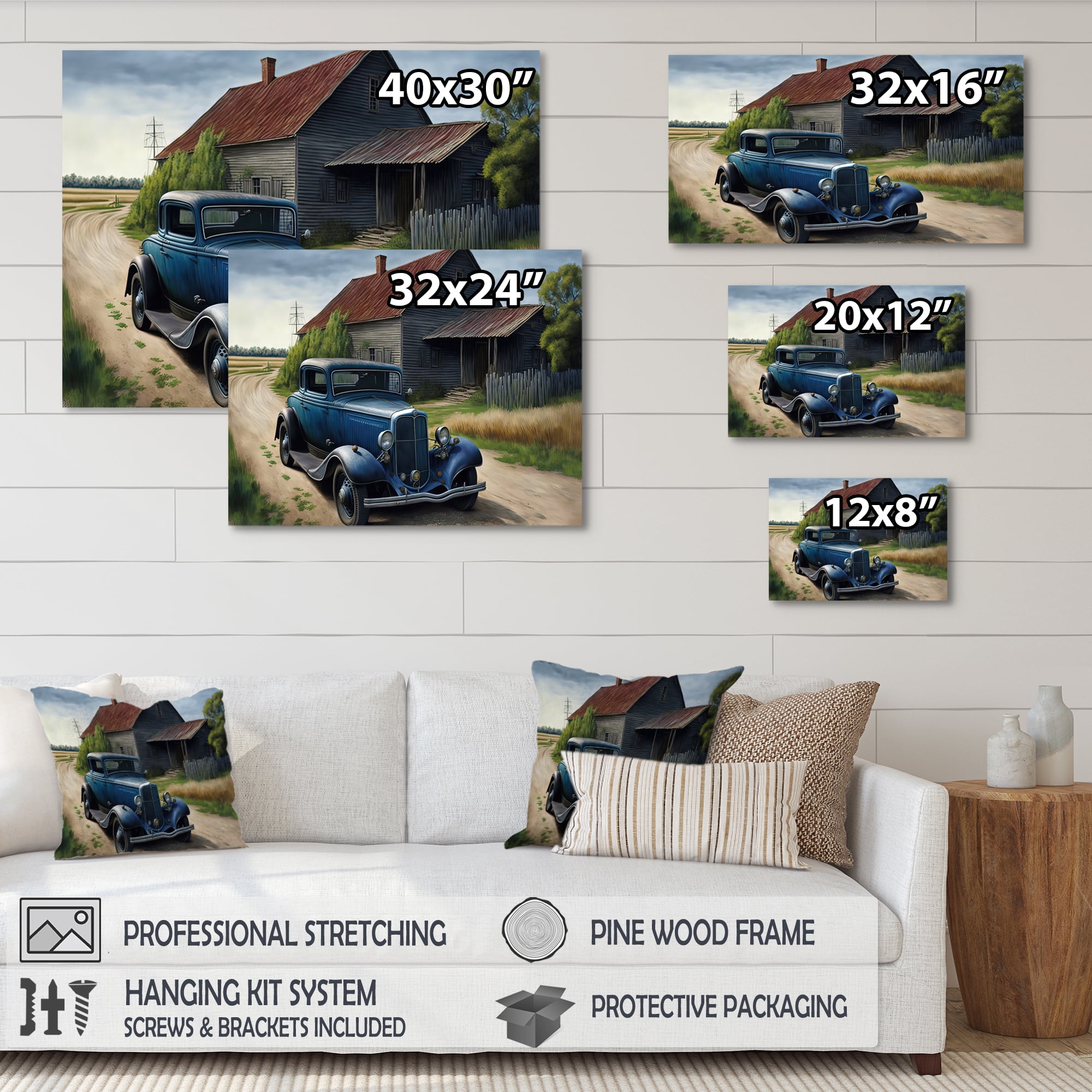 Designart 30S Ford Car In Barn IV Canvas Wall Art