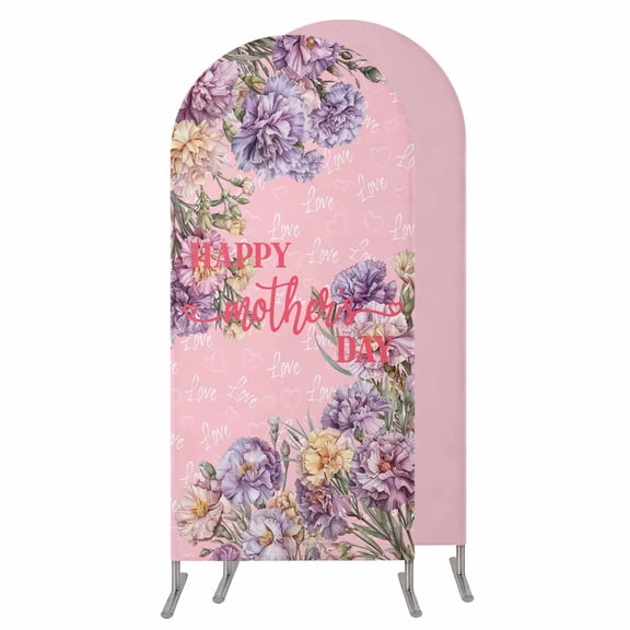 Happy Mother's Day Wedding Arch Cover,Stretchy Spandex Arch Backdrop Stand Covers 6 FT,Pink Love Heart Purple Spring Floral Round Top Arched Backdrop Cover for Birthday Party Ceremony Baby Shower