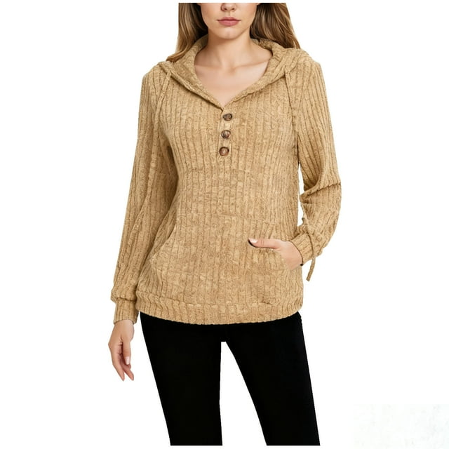 KIHOUT Ribbed Hooded Henley Top - Half-Button Adjusts Temp for Weekend Dog Walks & Park Strolls; Pockets Fit Keys (Cozy) (S-XXL)