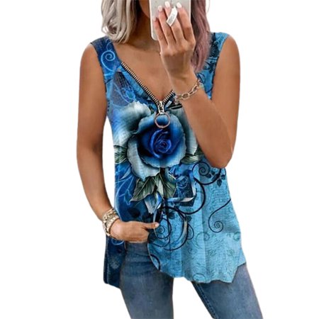 

Women s Rose Flower Printed Vest V-neck Zipper Design Sleeveless T-Shirt Top Women s Rose Flower Printed Vest V-neck Zipper Design Sleeveless T-Shirt Top Matching Skirt Trousers for Summer Sky Blue L