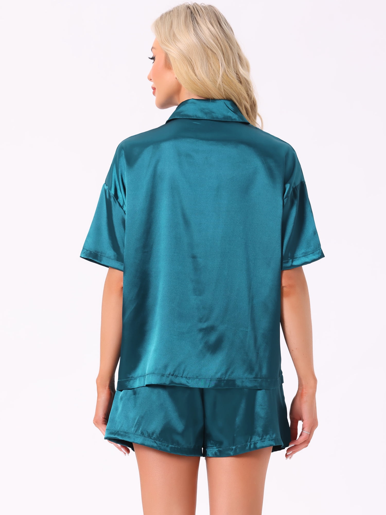 DARING DIVA Pajama Satin Oversize Casual Button Down Point Collar Set L Blue