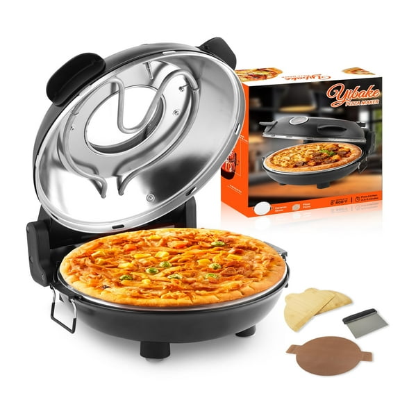 YIBAKE 12’’ Electric Pizza Oven Indoor Countertop Oven Pizza Maker 1200W 5-Min Crisp Dual Knob Control Set Black