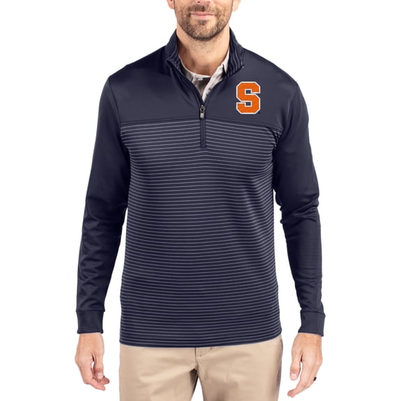 Men's-Cutter & Buck  Navy Syracuse Orange Traverse Stretch Eco Stripe DryTec Tri-Blend Quarter-Zip Pullover