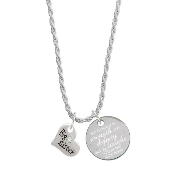 Delight Jewelry Silvertone Small ''Big Sister'' Heart with Clear Crystal She is Clothed in Stength and Dignity Charm Necklace, 20" 3"