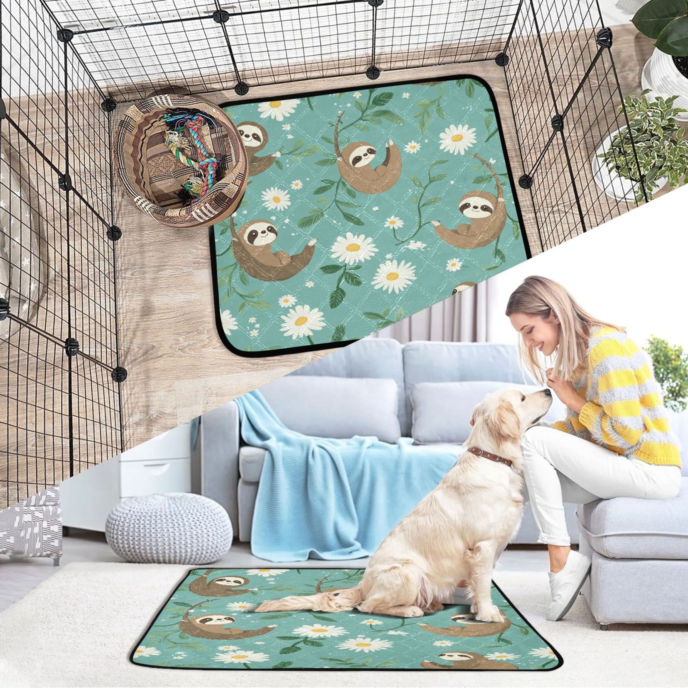 Qxltty Pattern with Daisies and Sloths Hanging on Vines Cat litter Pads Pet Set of 3 Diaper Mats Center Anti-leakage Layer Absorbent Soft and Comfortable