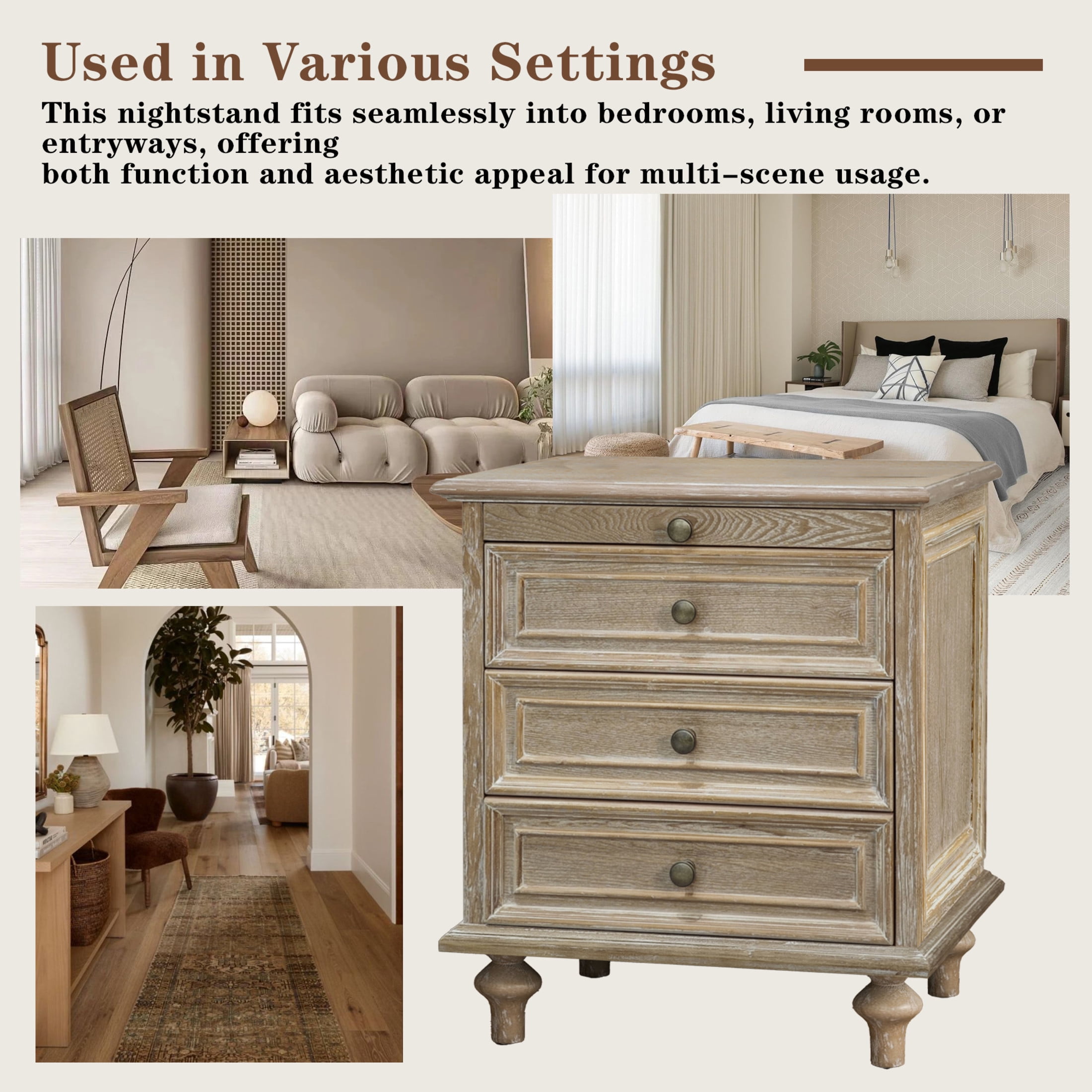 GDF Studio Farmhouse Nightstand with 3 Drawers & Pull-Out Tray, Solid Wood Legs, Natural+White