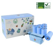 MOM EASY Biodegradable and Compostable Diaper Sacks 120 Counts with Blue Pouch Easy-Tie Baby 100% Diaper Bags Blue Large Unscented
