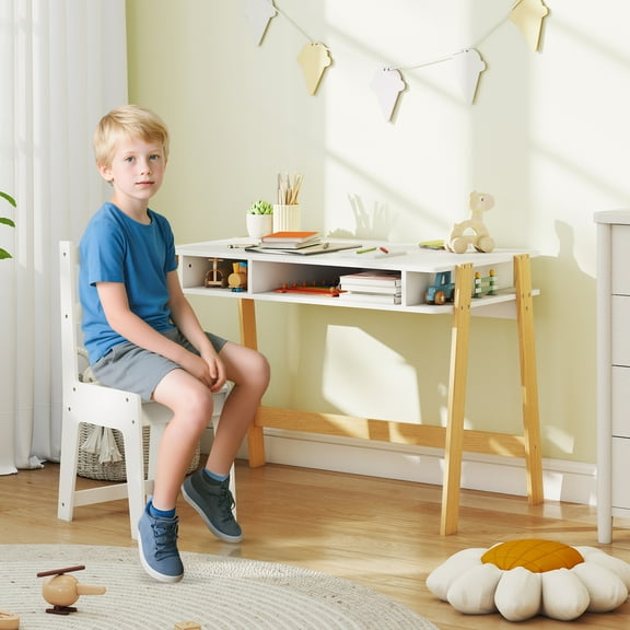 Qaba Kids Desk and Chair Set, Children Study Writing Table with Storage, Boy Girl Desk Set for Bedroom for Children Ages 3-12, White