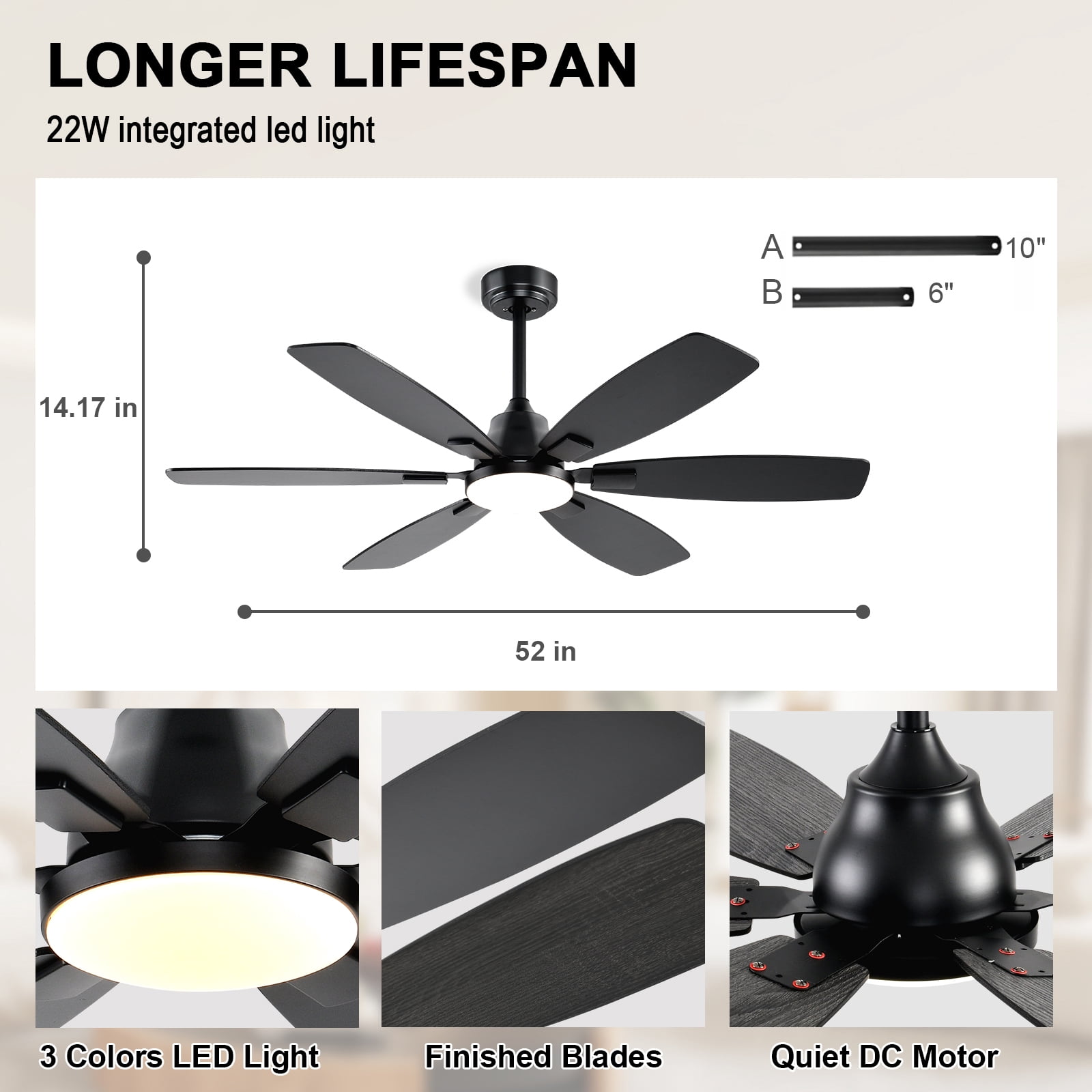 Ceiling Fans with Lights, 52 Inch Ceiling Fan with Light and Remote, 3CCT Dimmable, 6 Speed Reversible DC Motor,5 Blades Modern Black Ceiling Fan for Bedroom, Indoor/Outdoor Use