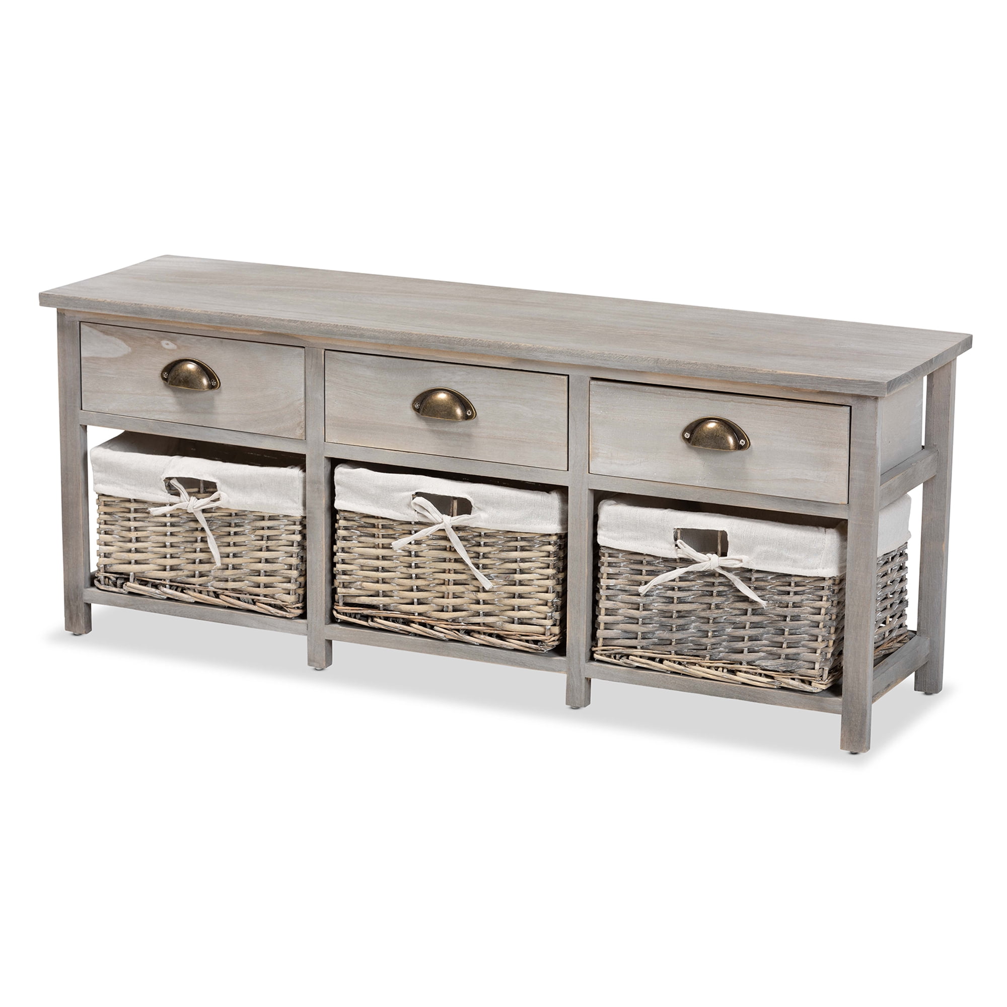 Baxton Studio Mabyn 3 Drawer, 3 Basket Wood Bench, Natural